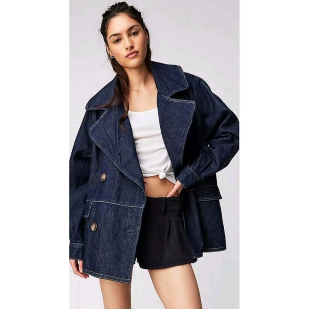 NEW FREE PEOPLE DARK RINSE WASH DENIM CAR COAT JACKET SZ L
